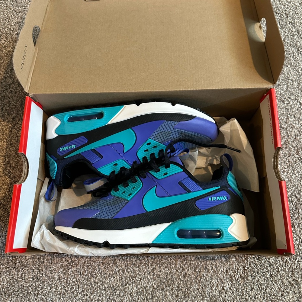 Nike Air Max 90 Kids Sneakers Teal and Indigo/Purple a women’s size 7 equivalent